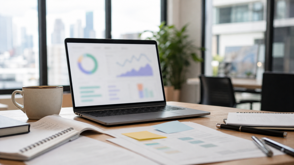 Photorealistic editorial desk for AI Search workflow article