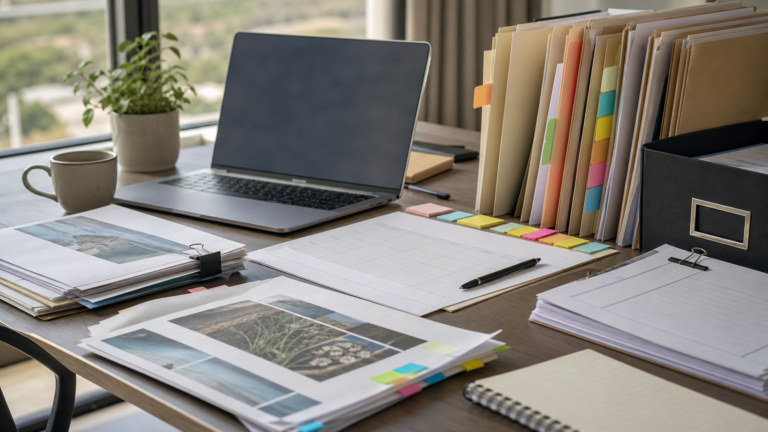 Laptop surrounded by organized folders and content reference files