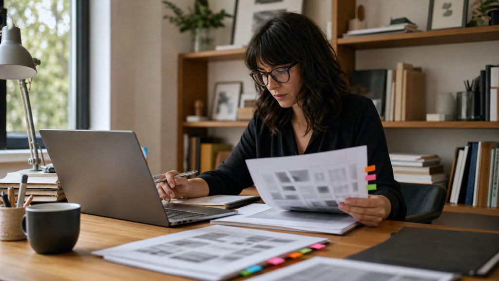 Editor reviewing multilingual source material beside a laptop