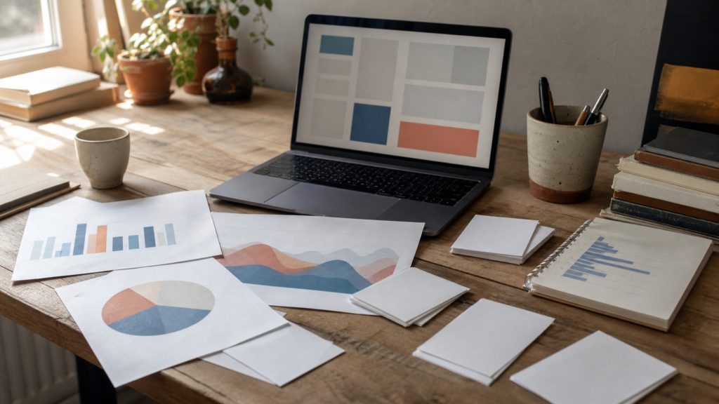Editorial desk with analytics reports and content refresh notes
